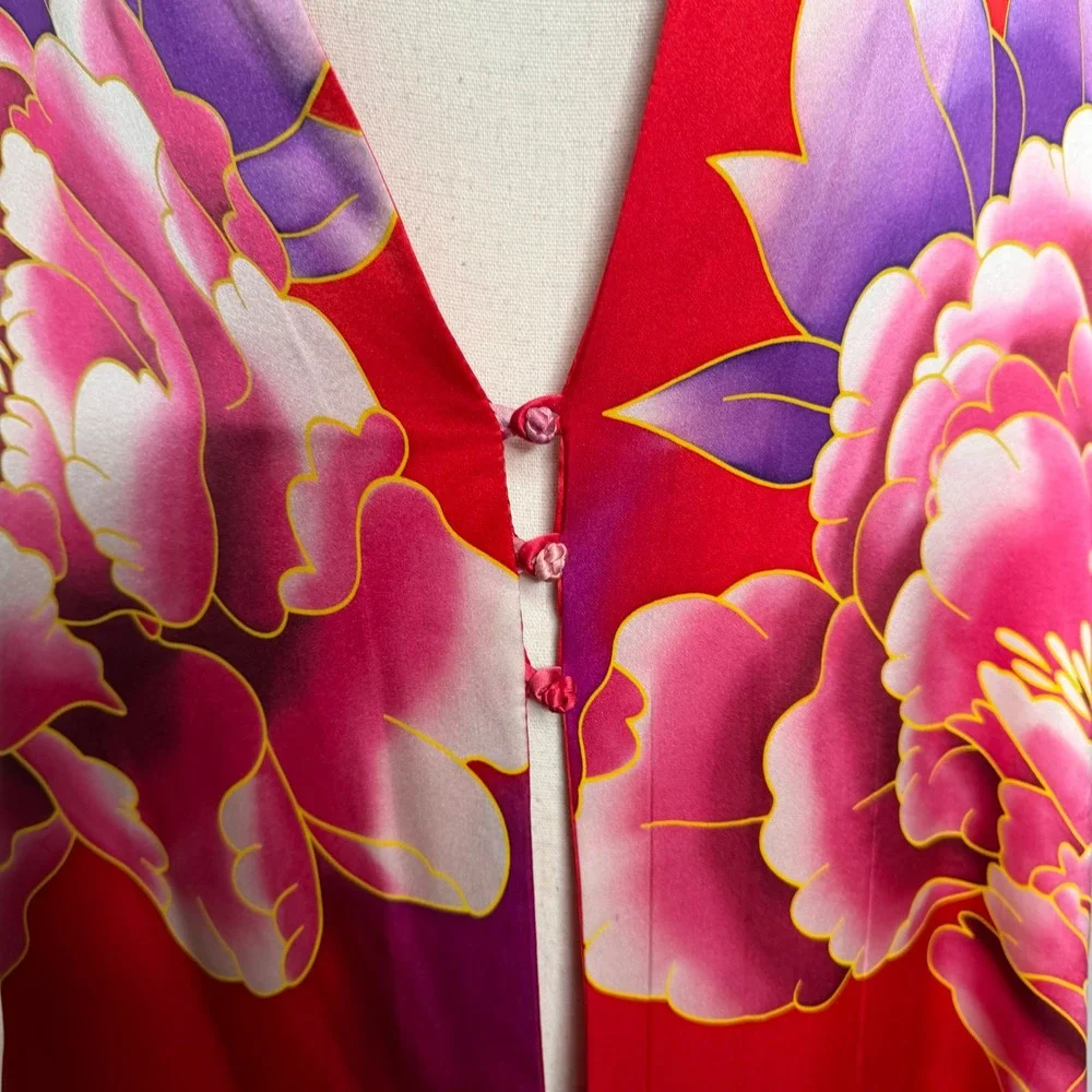 100% Silk Peony Wrap Shawl Floral Frog Knot Red Pink Purple Asian Art Drape